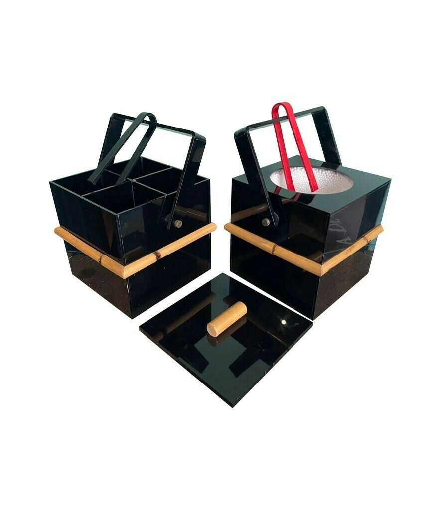 photo for sale A 1970s Italian Bar Set Comprising An Ice Bucket With Lid And Bottle Holder In Black Perspex With Bamboo Detail