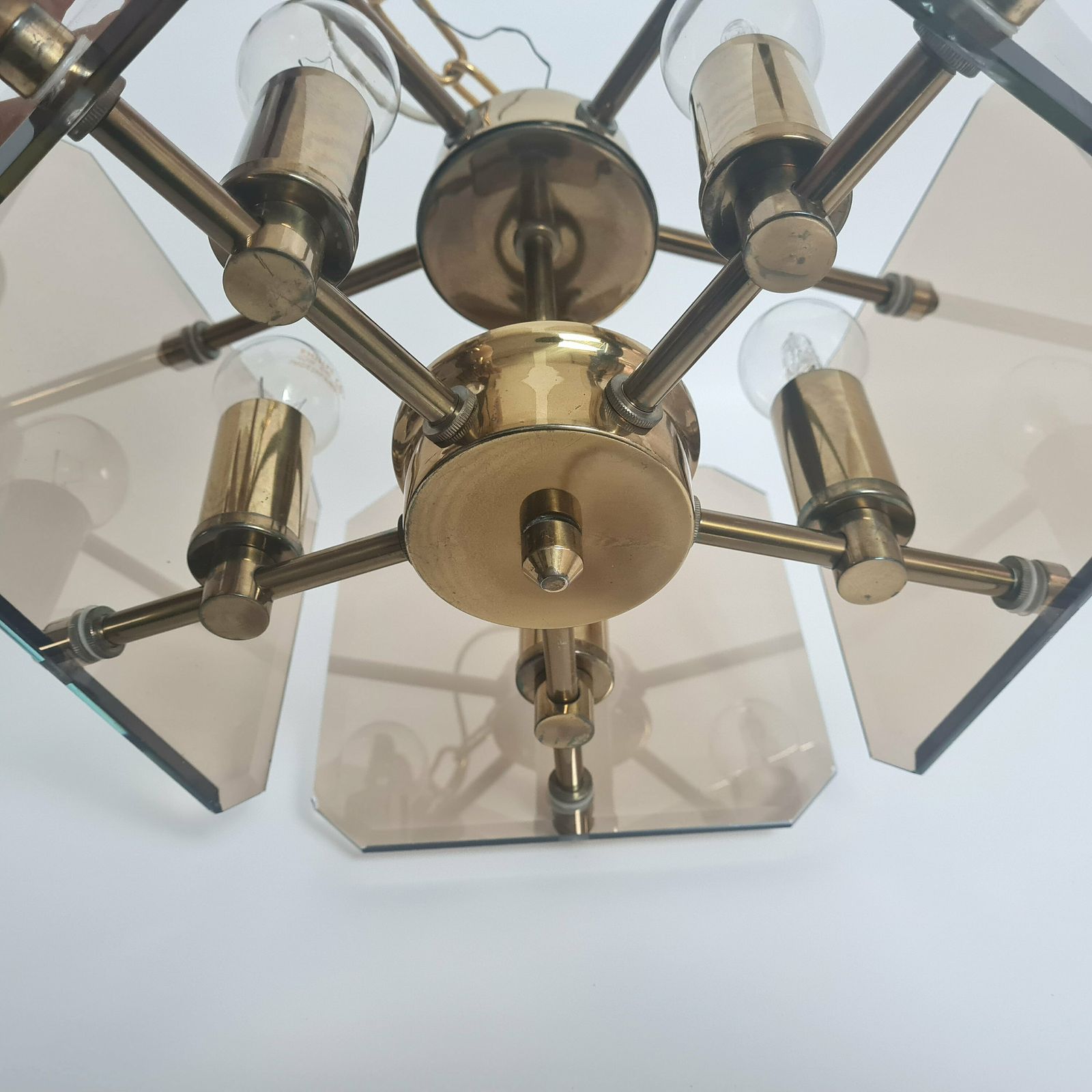 photo furniture Vintage Mid Century Modern Ceiling Smoky Glass And Brass Chandelier 80s