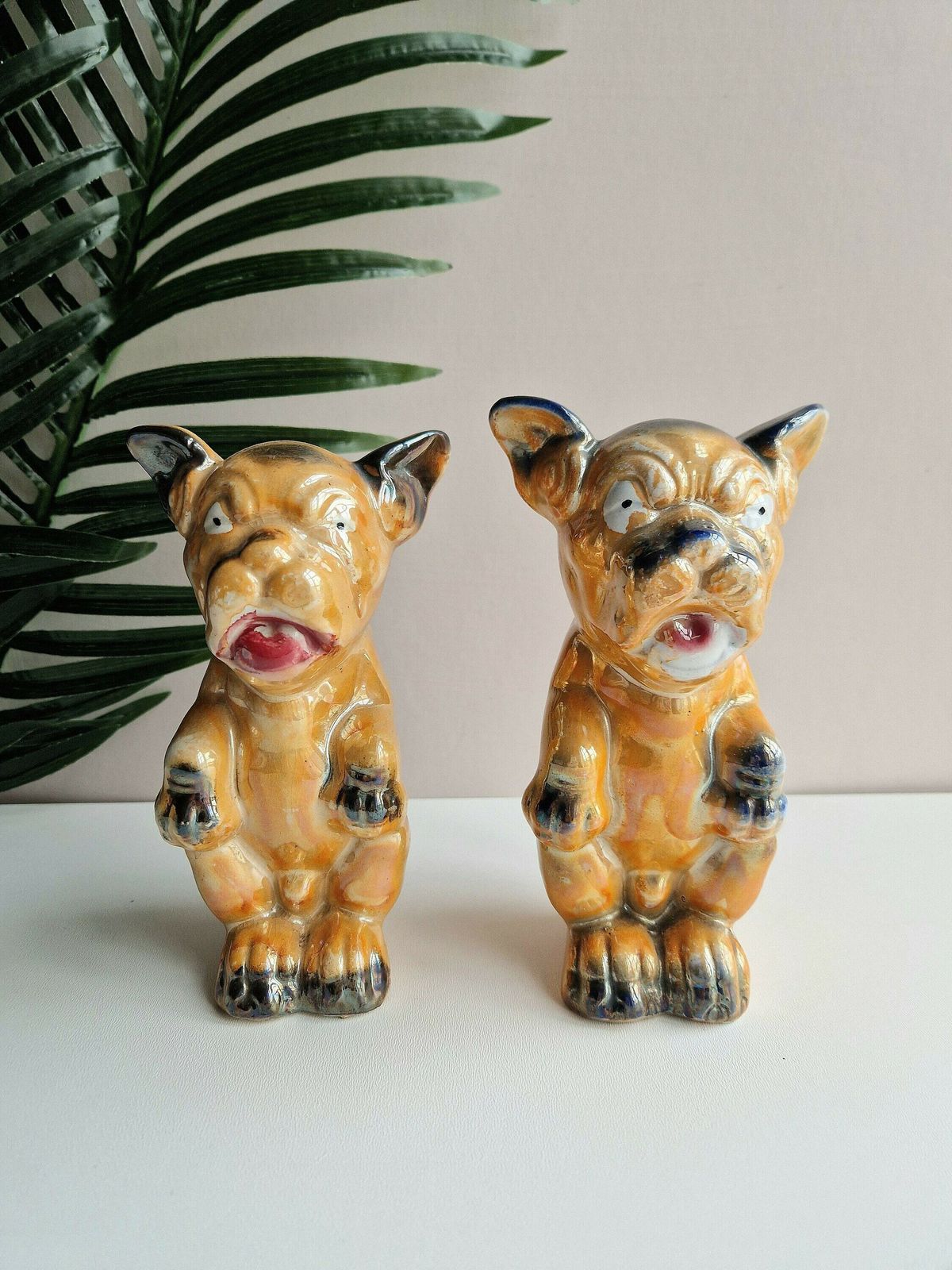 Pair Of Antique 1930's Lustreware Ceramic Conzo Dog Figurines Sculptures Art Deco