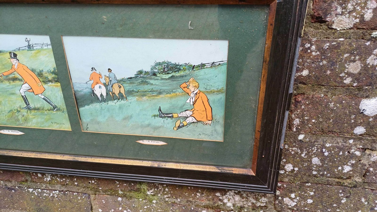 Large Trio Of Vintage Cartoon Fox Hunting Gone Wrong Prints A Check A Holloa A Finish Lt photo for sale
