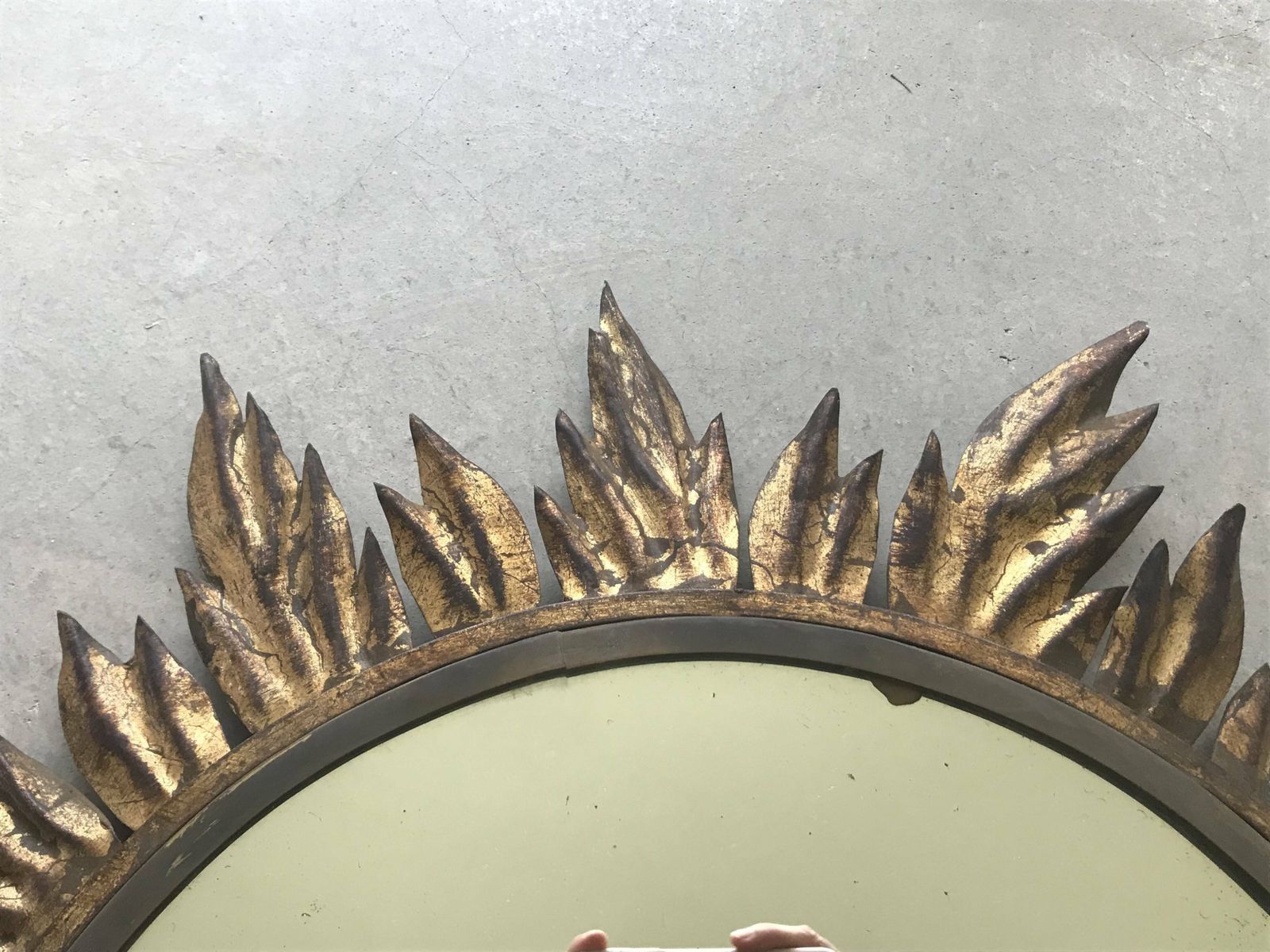 Sun Mirror Decorated With Golden Leaves, Circa 1950. photo vinterior