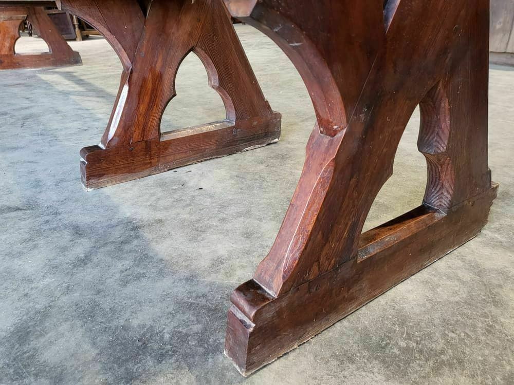 Antique Large Pitch Pine Bench Carved Slope Back 302 Cm W Seat Conservatory Hall photo vinterior