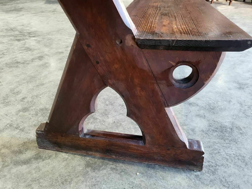 photo furniture Antique Large Pitch Pine Bench Carved Slope Back 302 Cm W Seat Conservatory Hall