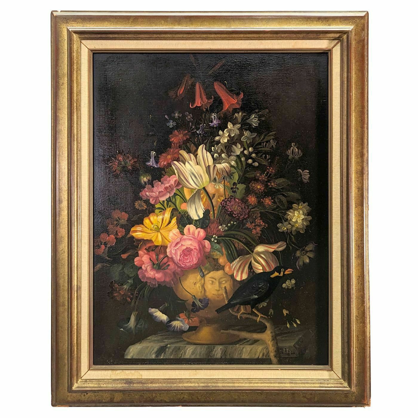 Still Life With Tulips And Crow French School Philippe Lazare 20th Century