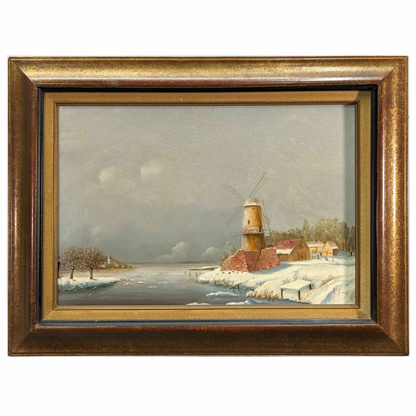 Oil On Canvas French School Snowy Landscape At The Mill 20th Century Philippe Lazare