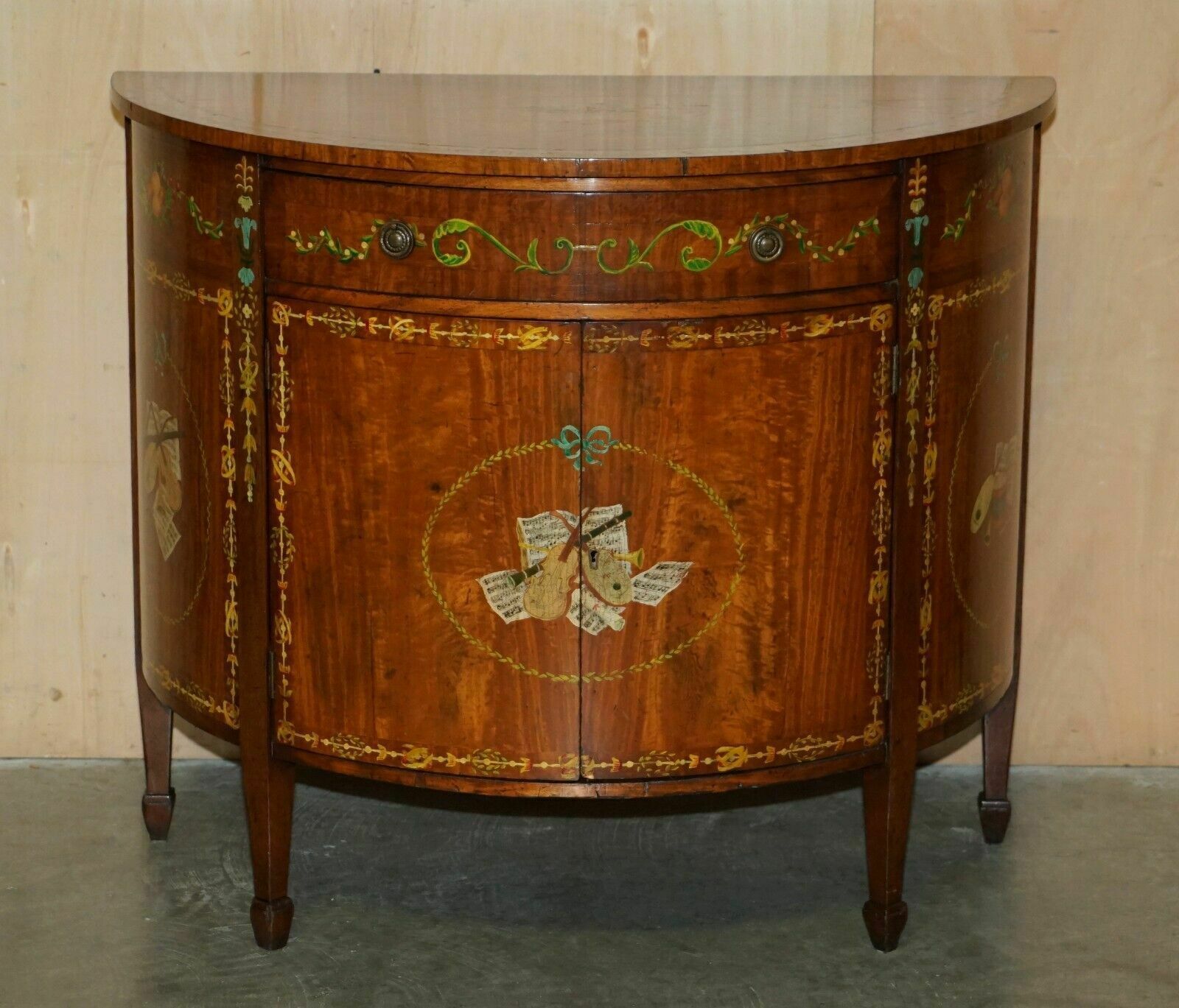 Pair Of Stunning Antique Adams Sheraton Painted Demi Lune Sideboard Cupboards photo for sale