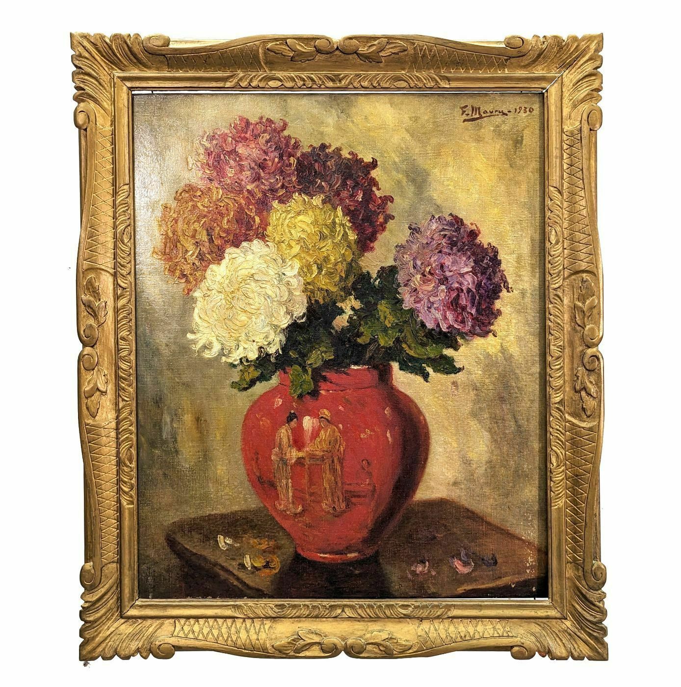 Oil On Canvas With Chrysanthemums By F Maury Dated 1930
