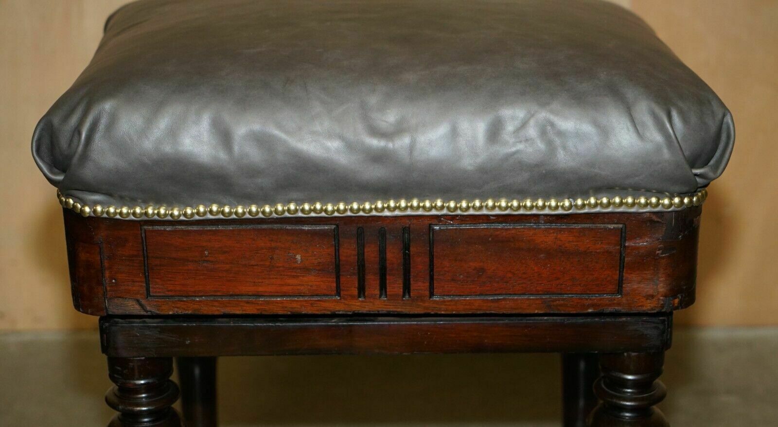 Antique Original Brooks Ltd Victorian Mahogany Campaign Grey Leather Piano Stool photo for sale