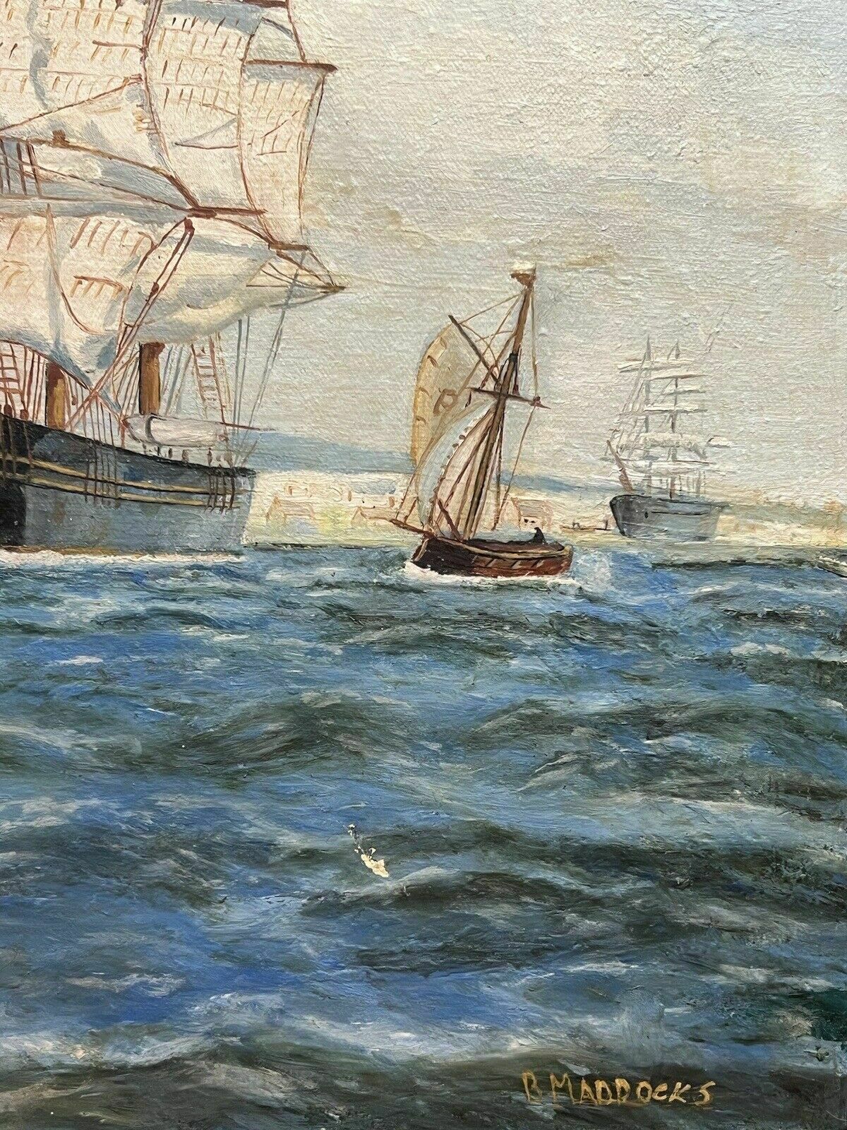 Pair Of Maritime Oil Paintings Of Masted Scooner Sailing Ships Signed B Maddocks photo vintage