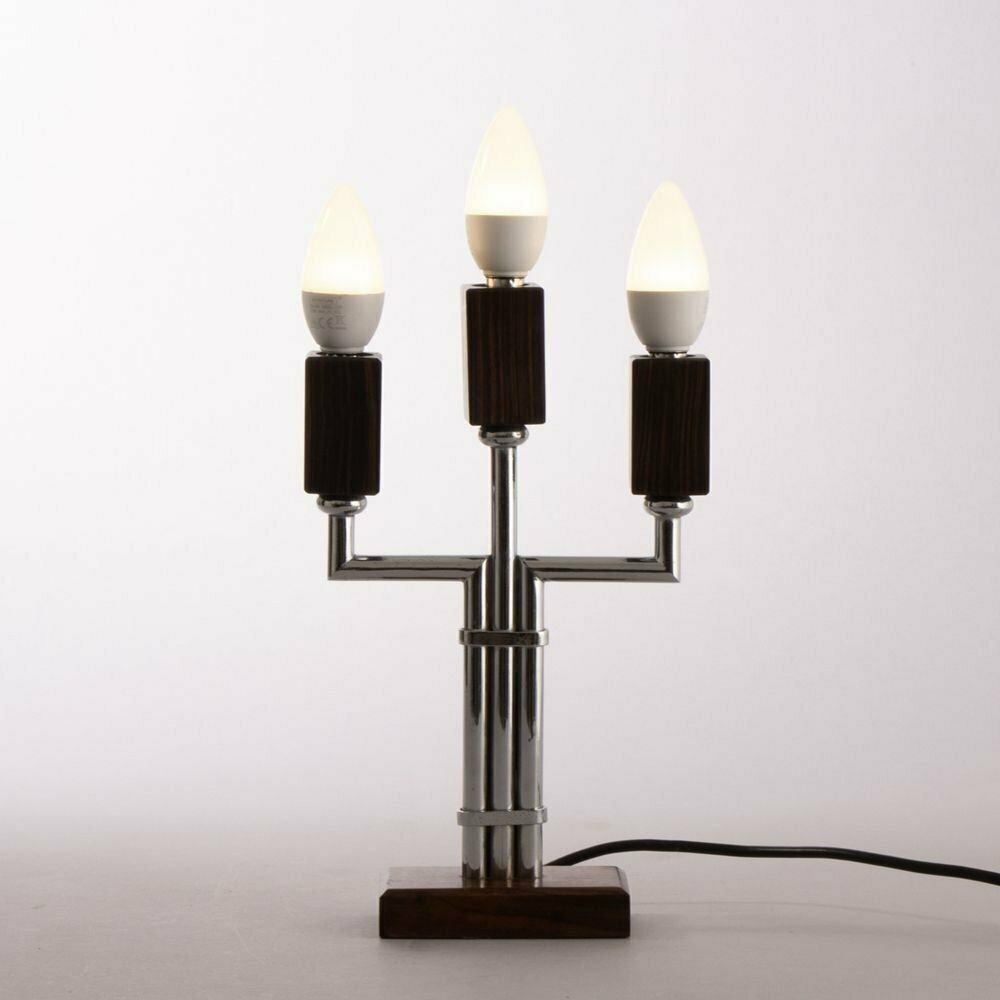 French Art Deco Pair Of Triple Candelabra Table Lamps In Macassar & Chrome C.1930 photo for sale