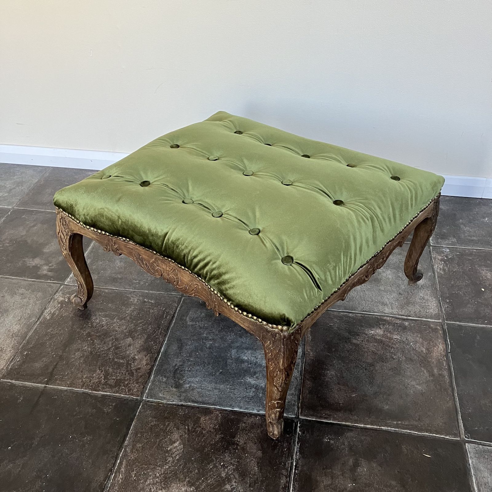 Beautiful 19th Century French Style Large Beechwood Buttoned Footstool Reupholstered In Sage Green Velvet photo vinterior