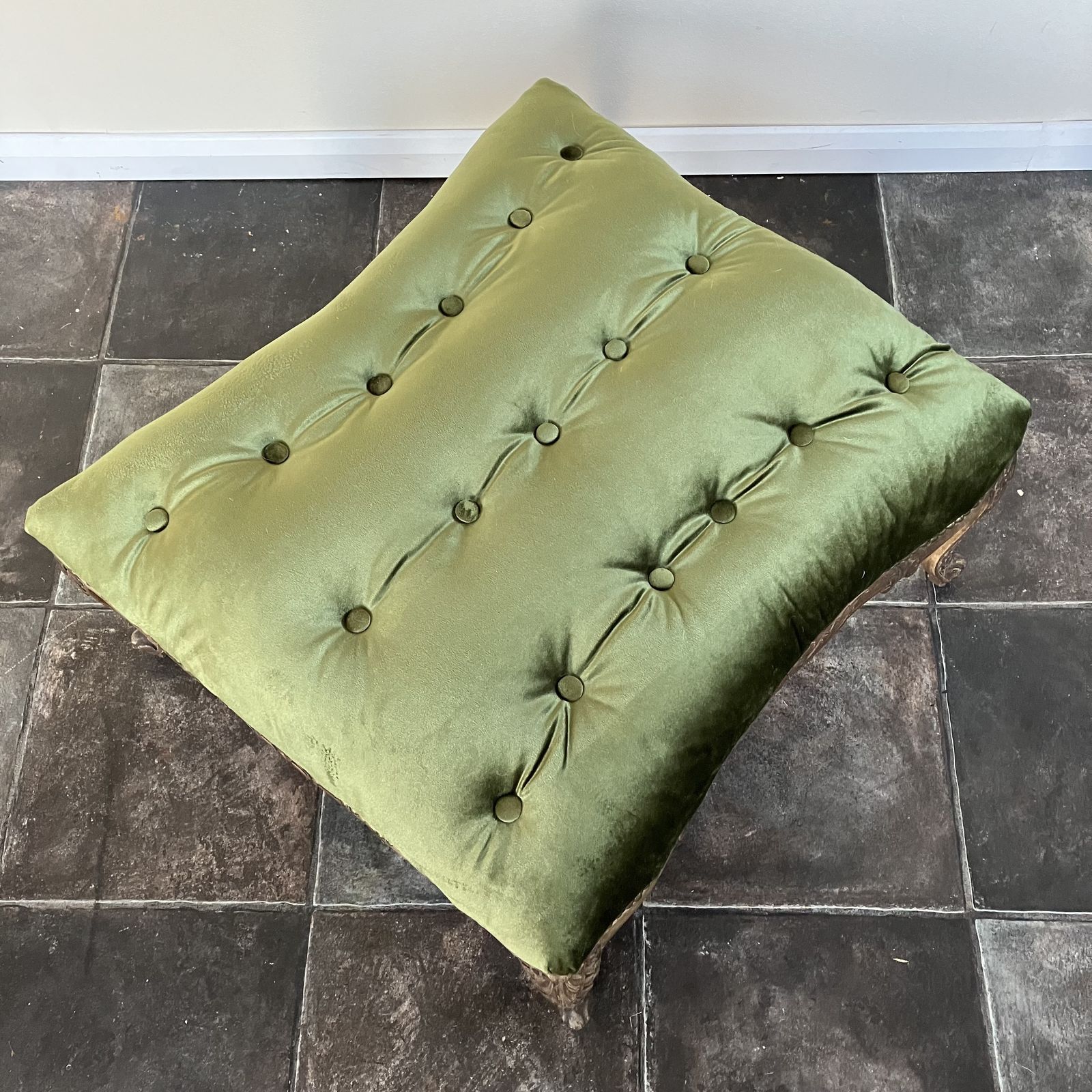 photo furniture Beautiful 19th Century French Style Large Beechwood Buttoned Footstool Reupholstered In Sage Green Velvet