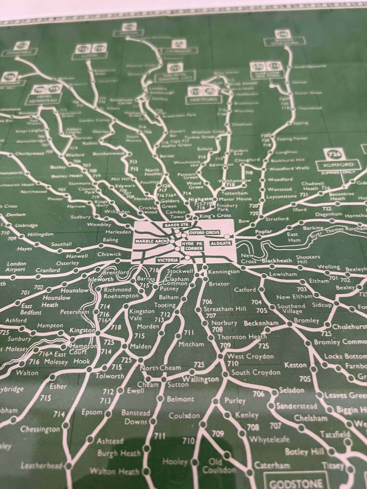1950's Framed Green Bus Map Of London And Surrounding Areas photo Art
