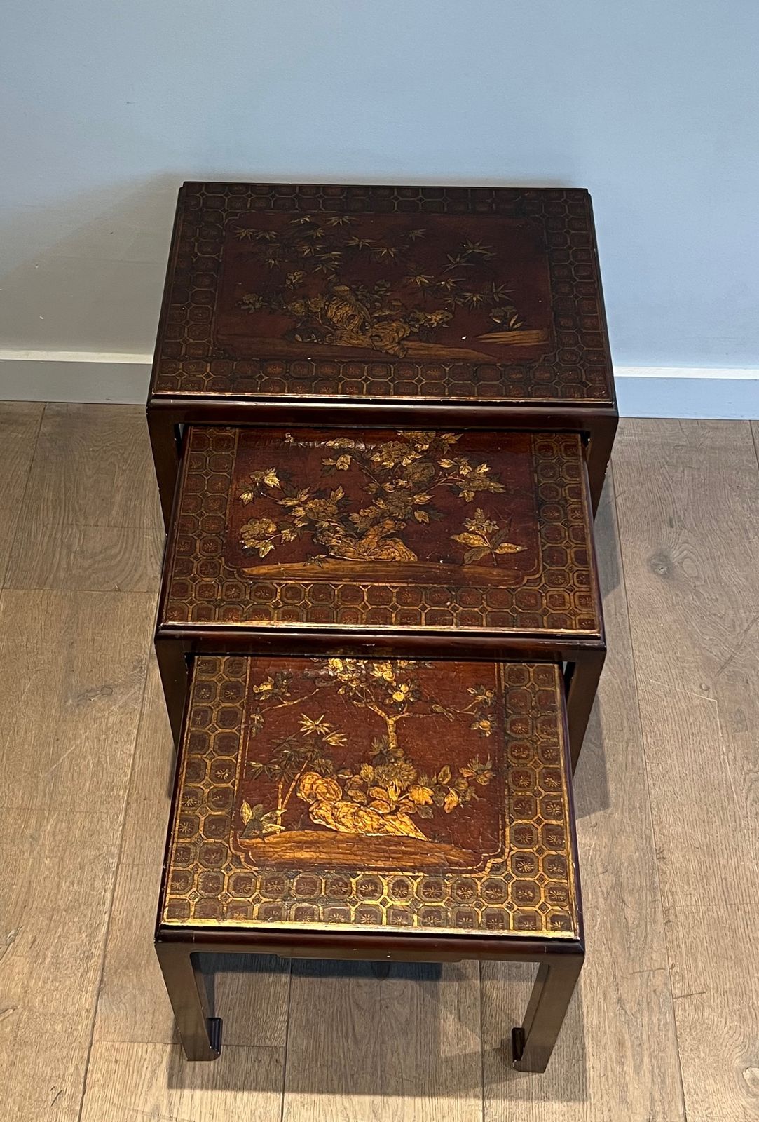 Suite Of Three Lacquered Nesting Tables With Chinese Decors. Around 1940 photo furniture