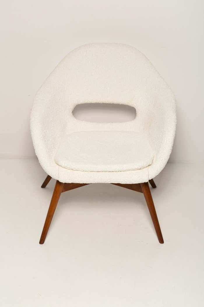Mid Century White Boucle Shell Chair, Miroslav Navratil, Czechoslovakia, 1960s photo vintage