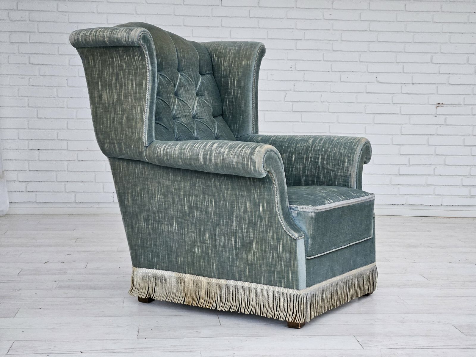 photo for sale 1960s, Danish Wingback Armchair, Light Blue Velour, Original Good Condition.