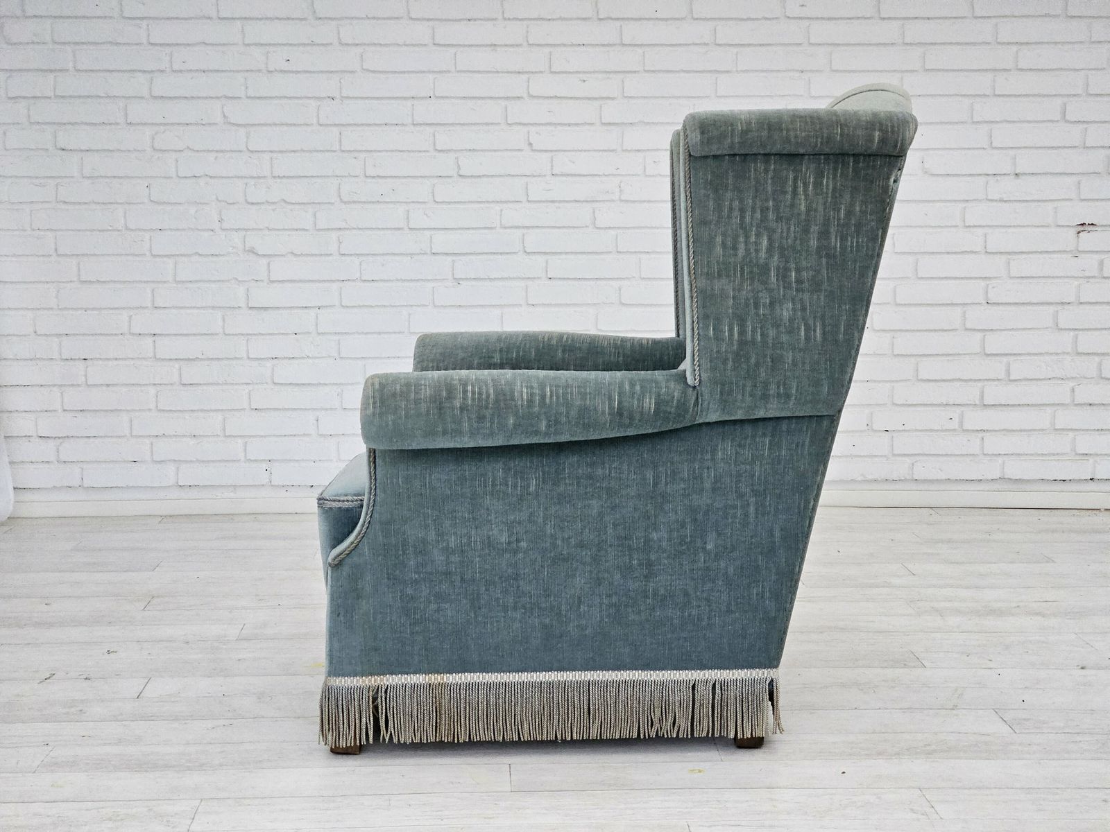 1070.0 1960s, Danish Wingback Armchair, Light Blue Velour, Original Good Condition. photo
