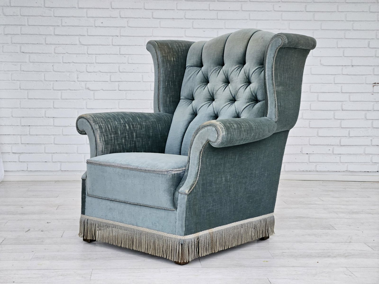 photo vinterior 1960s, Danish Wingback Armchair, Light Blue Velour, Original Good Condition.