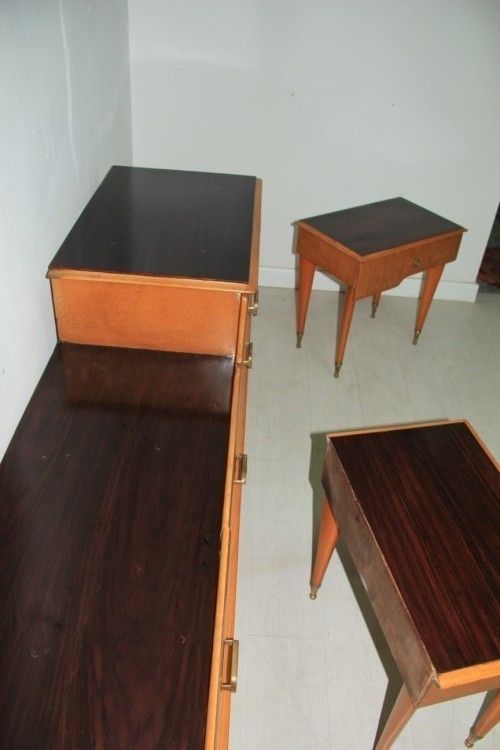 photo furniture Chest Of Drawers With Italian 1950 Bedside Tables In Elm And Brass