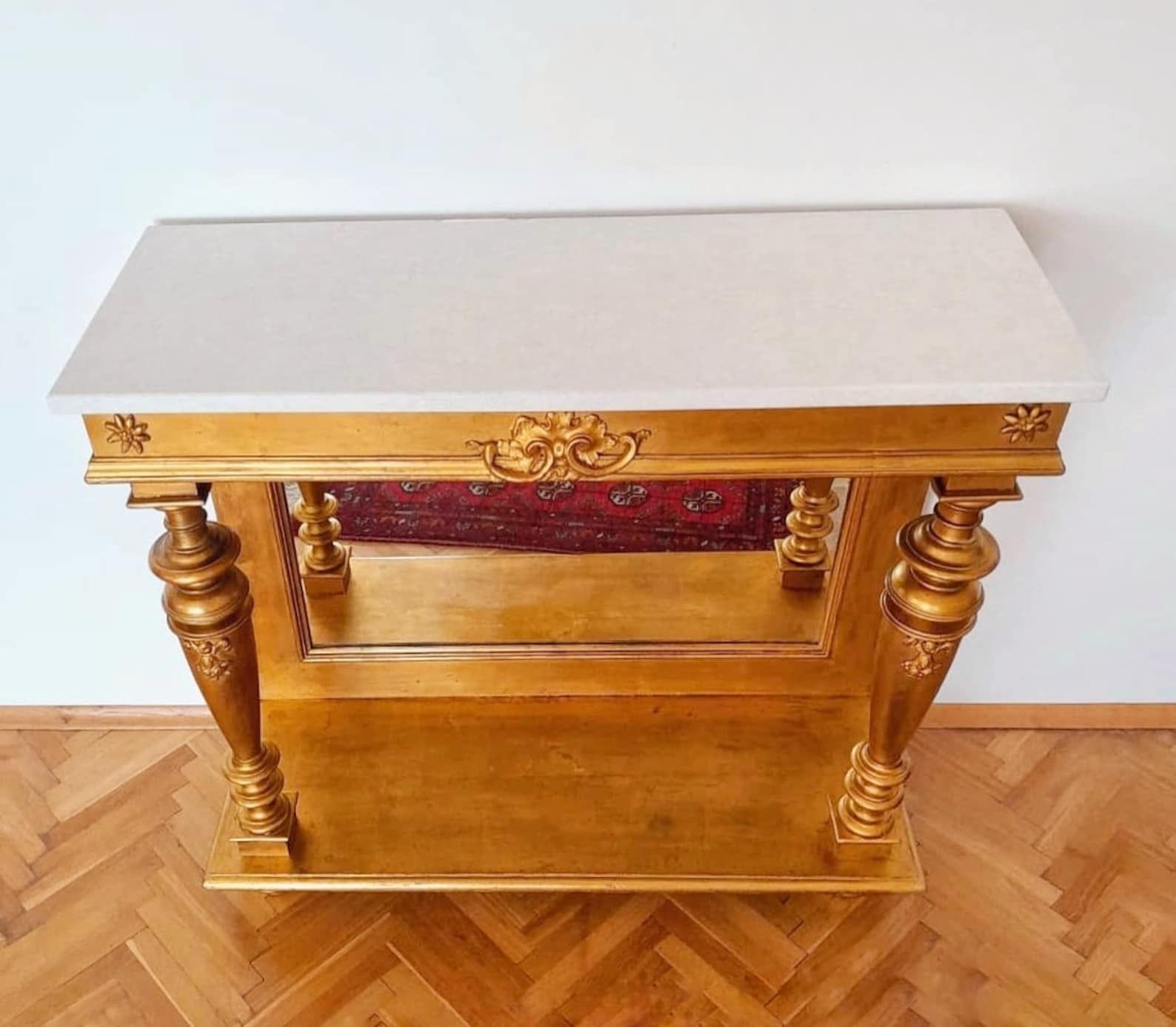 Late Victorian Console Table With An Extra Large Mirror Done In Gold Plated Wood With A Marble Top // Made In Austria In 1880s photo vintage