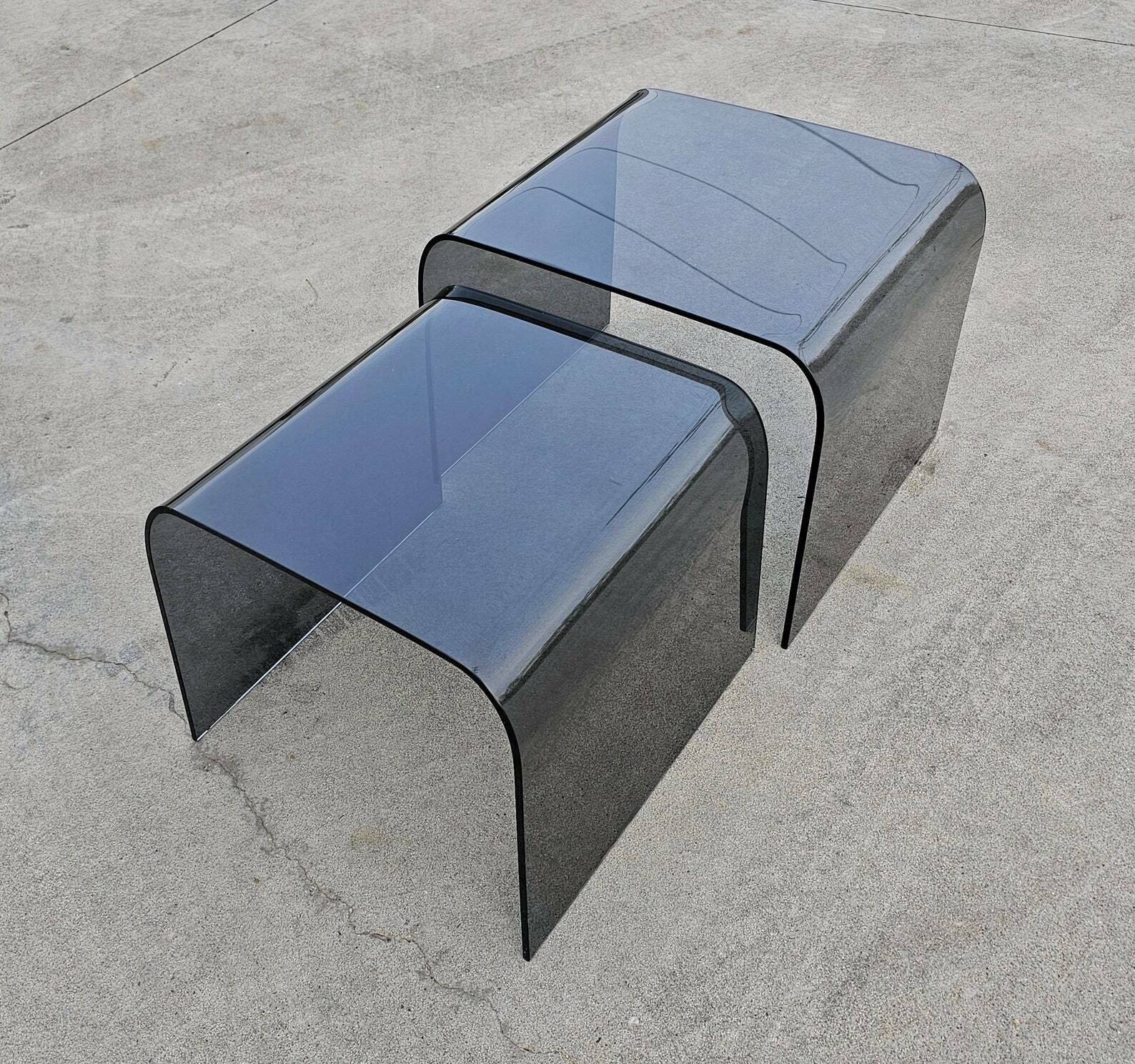 Set Of Two Glass Waterfall Nesting Tables Done In Tinted Glass Attributed To Fiam // Made In Italy In 1980s