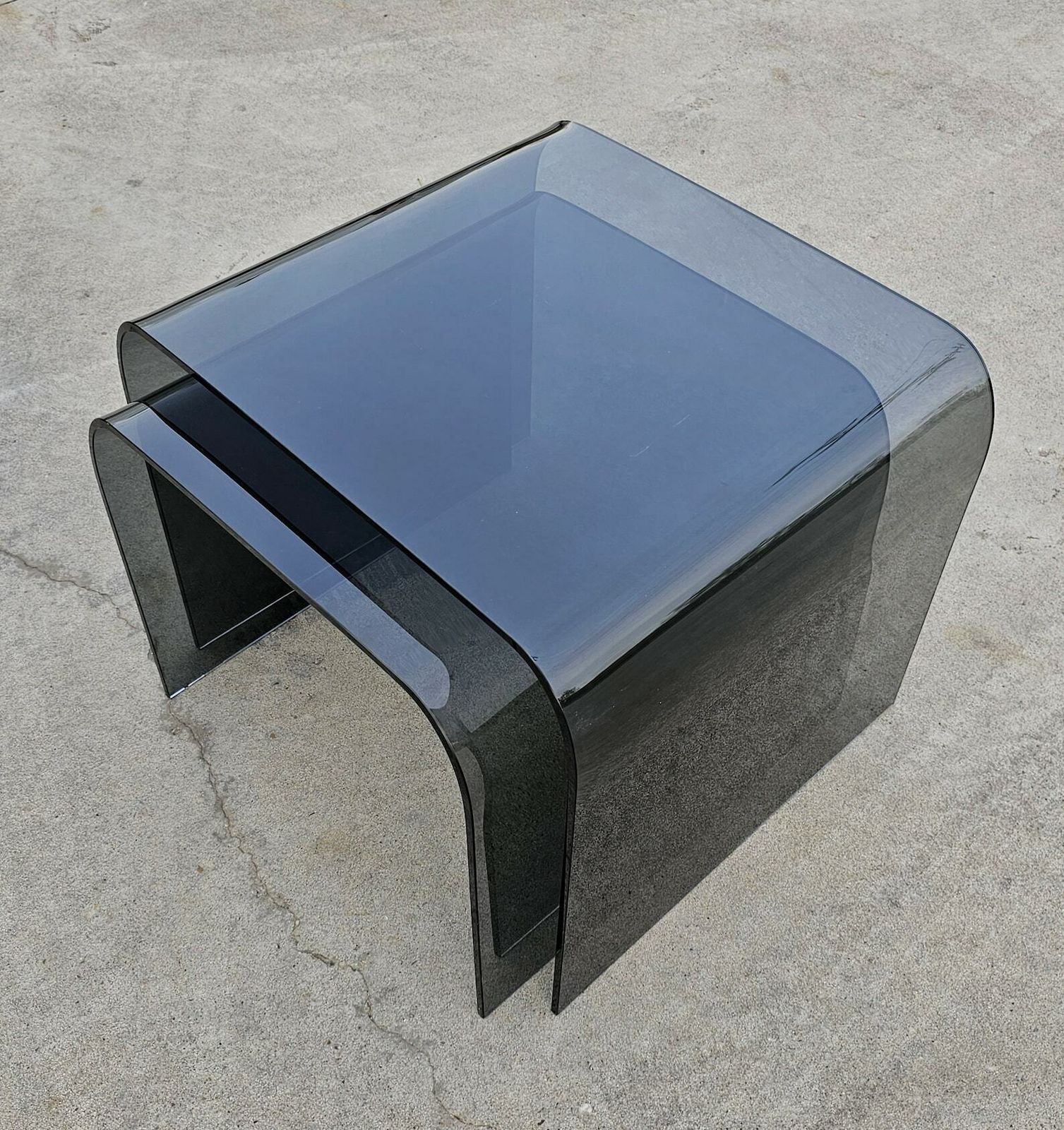 Set Of Two Glass Waterfall Nesting Tables Done In Tinted Glass Attributed To Fiam // Made In Italy In 1980s photo Furniture