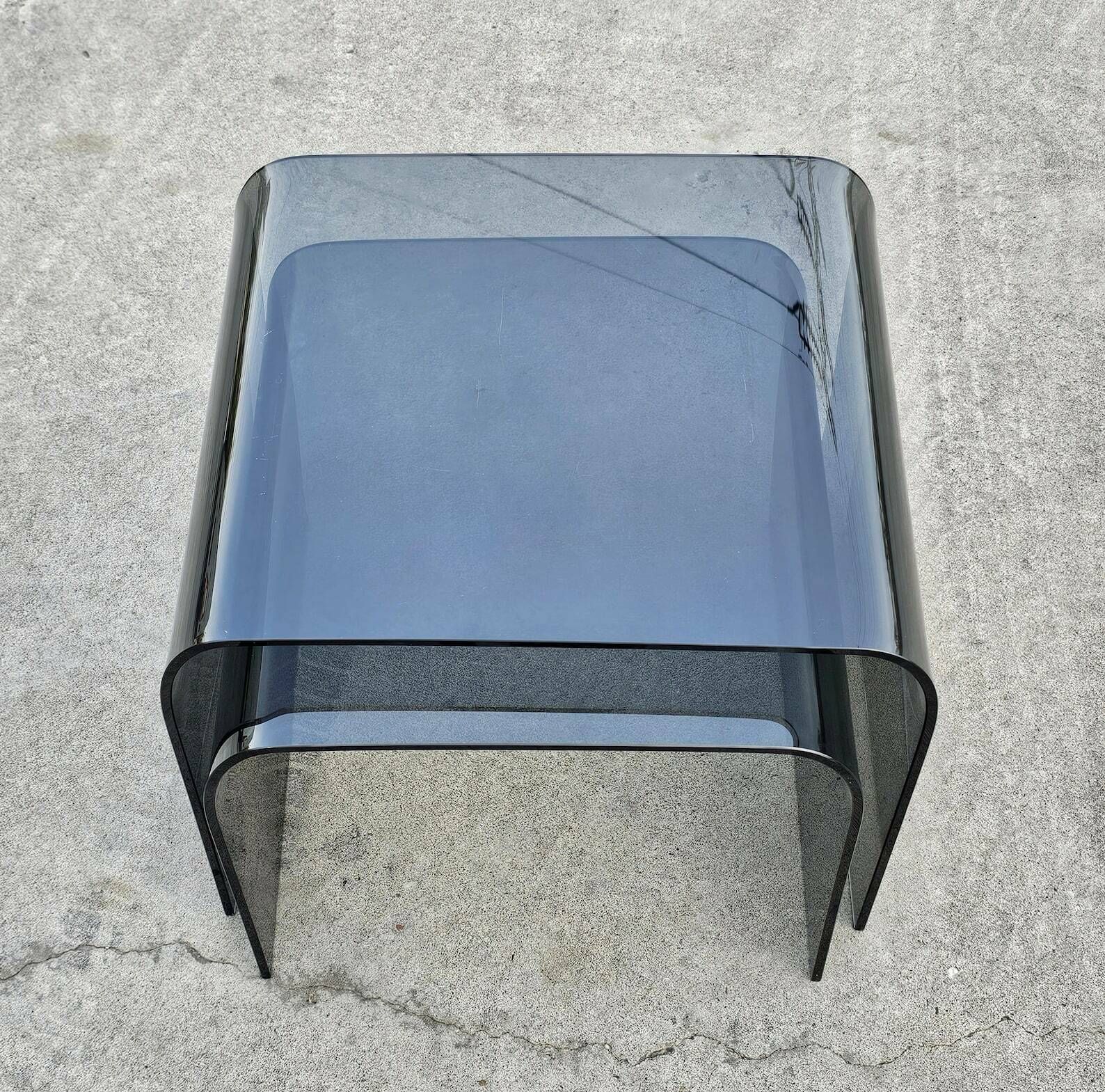 Set Of Two Glass Waterfall Nesting Tables Done In Tinted Glass Attributed To Fiam // Made In Italy In 1980s photo vintage