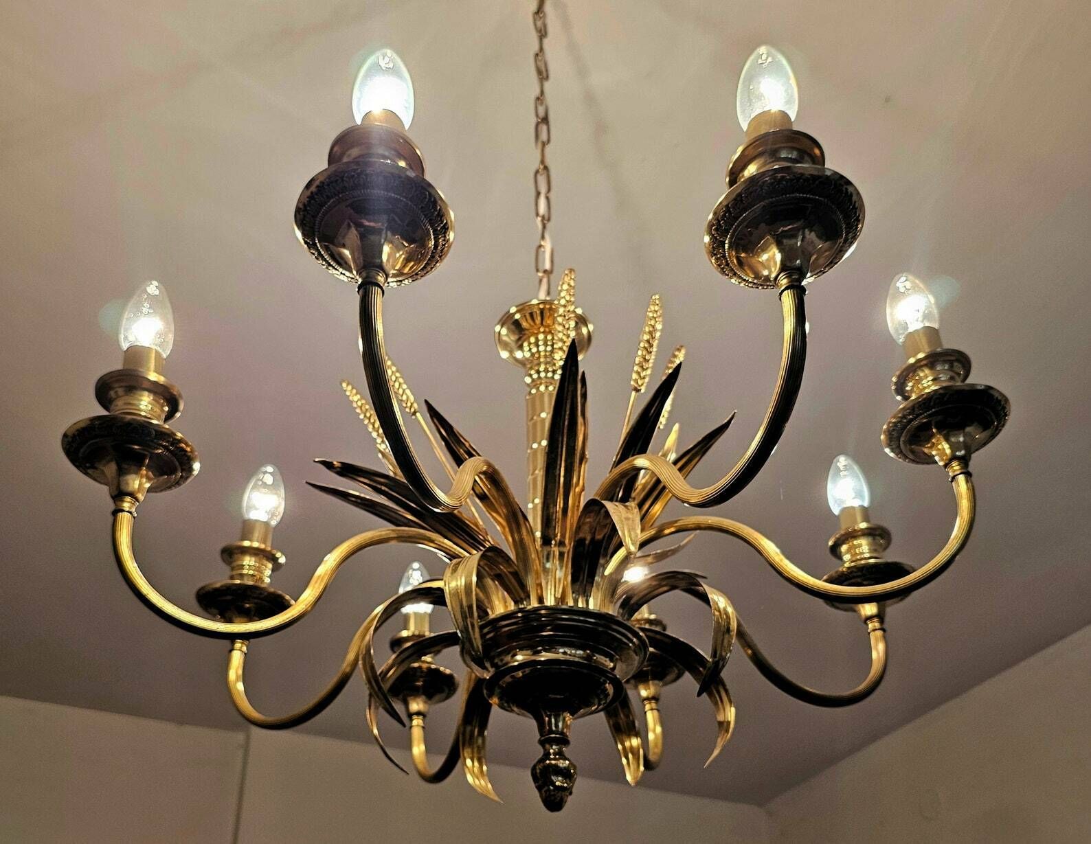 Large Hollywood Regency 8 Arm Chandelier With Golden Ears Of Wheat // Made In France In 1970s photo furniture