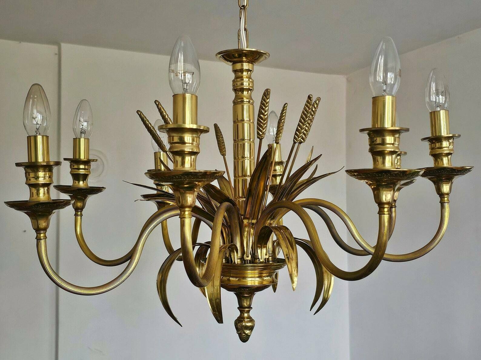 Large Hollywood Regency 8 Arm Chandelier With Golden Ears Of Wheat // Made In France In 1970s photo buy