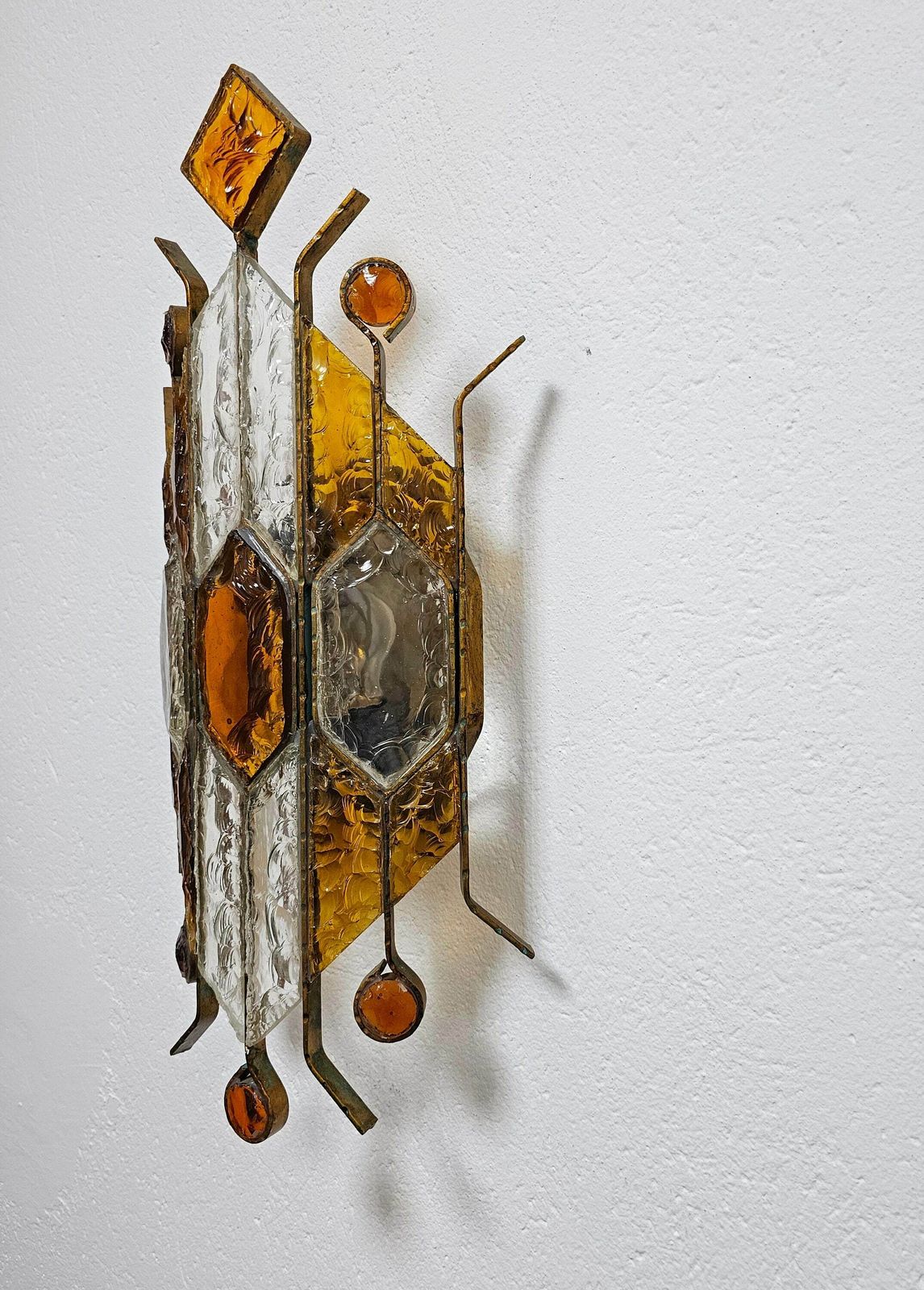 Spectacular Brutalist Sconce Done In Brass And Hammered Glass By Biancardi And Jordan Arte // Made In Italy In 1970s photo 1750.0
