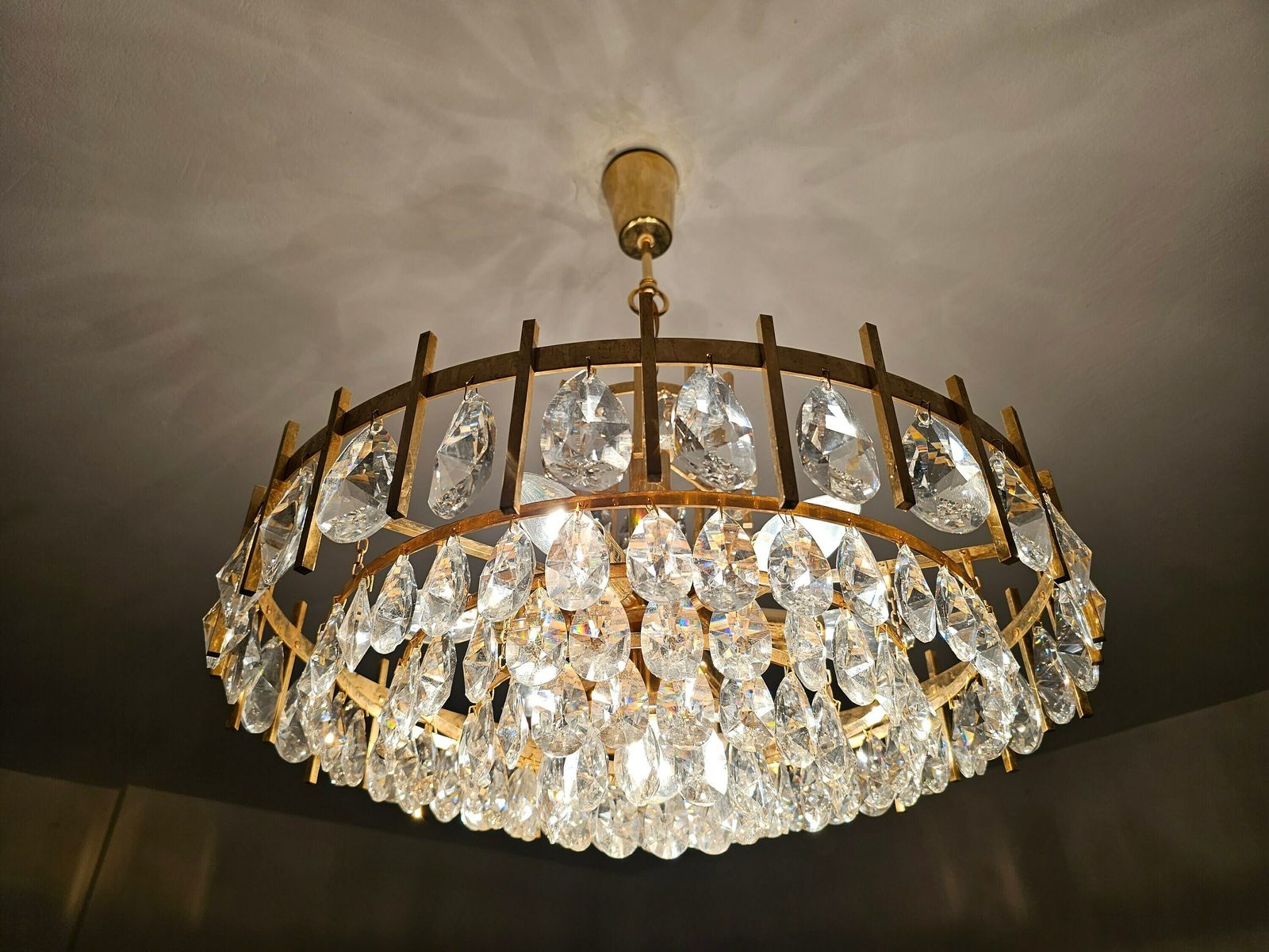 photo for sale Luxurious Mid Century Modern Brass And Crystal Chandelier By Bakalowits // Made In Austria In 1960s
