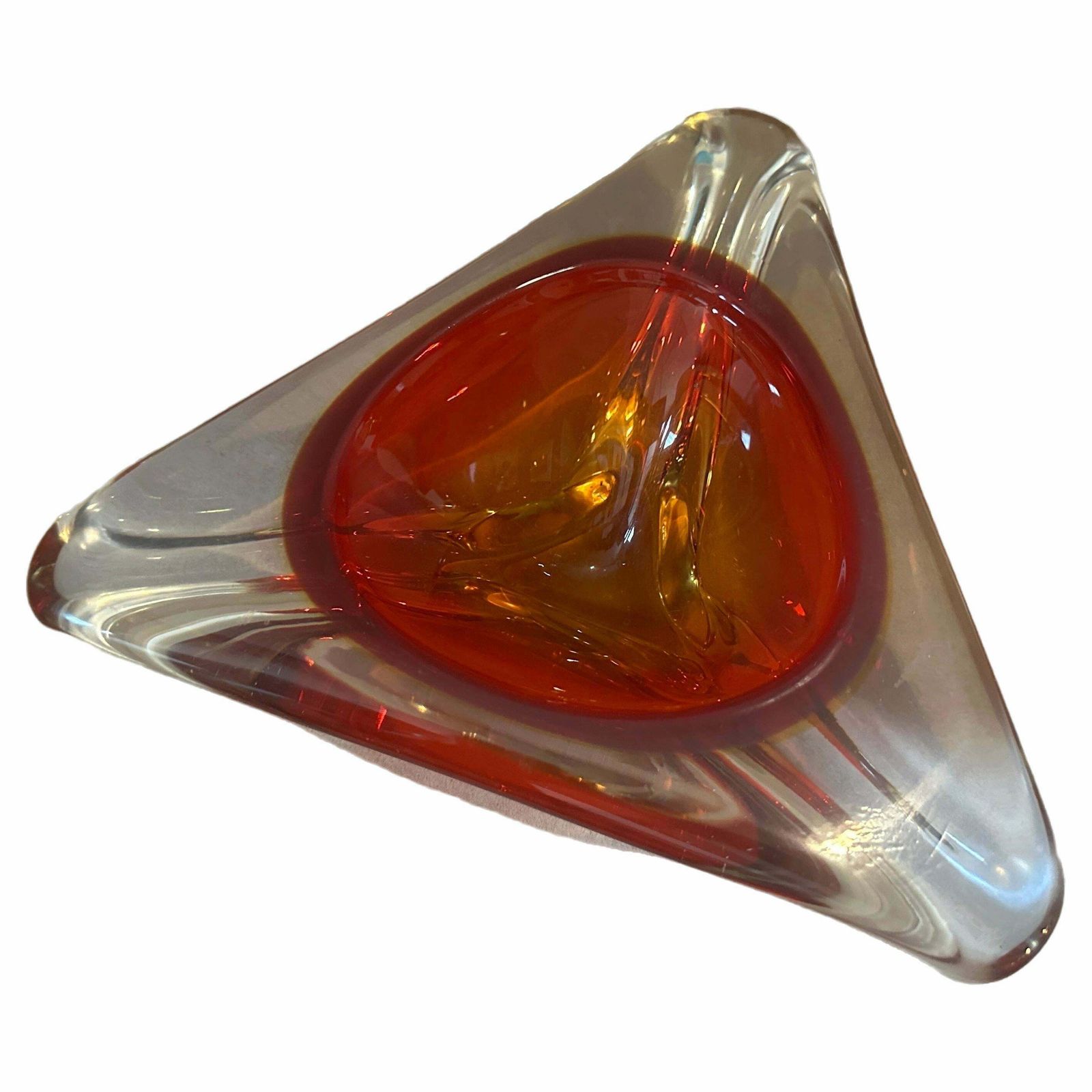 A 1960s Modernist Red Sommerso Murano Glass Large Triangular Ashtray By Seguso
