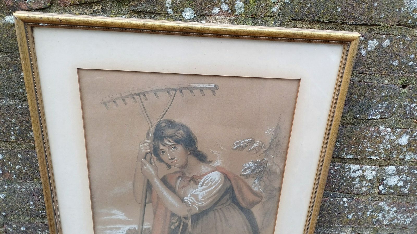 Large Vintage Hand Tinted Print Woman Gardening Jacob Thompson. photo furniture