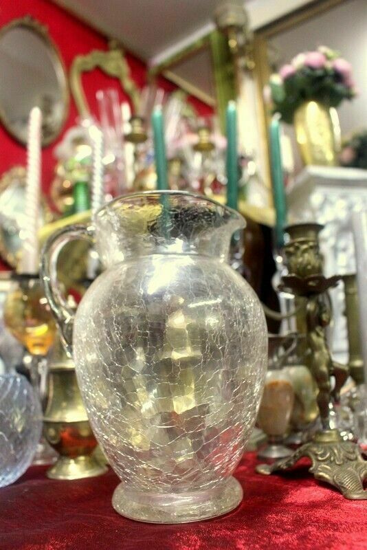 Home Decor Antique French Parisian Crackle Glass Jug Clear Glass Vitorian Time photo