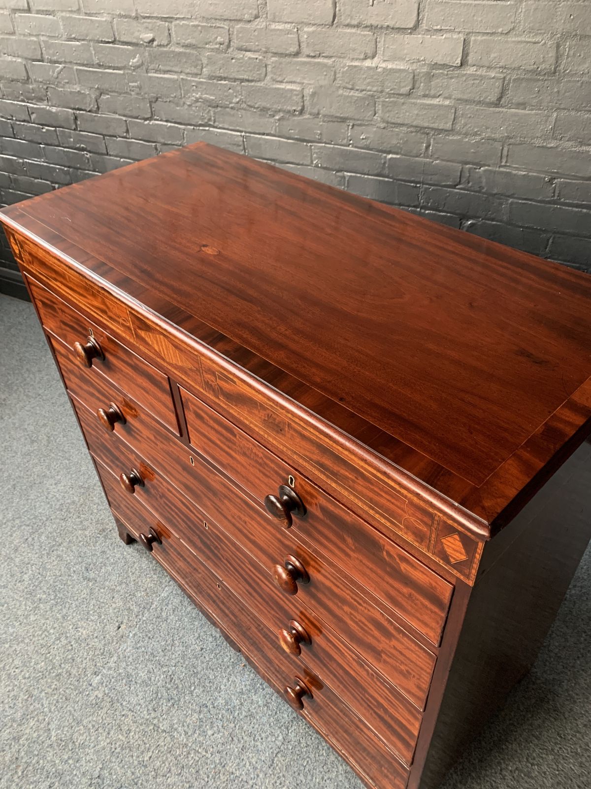 19th Century Inlaid Mahogany Chest Of Drawers photo for sale