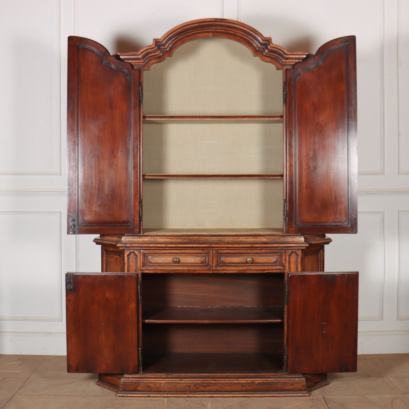 Early 20th C Italian Walnut 4 Door / 2 Drawer Cupboard. Fabric Interior Can Be Removed If Needed. 1920. photo vintage