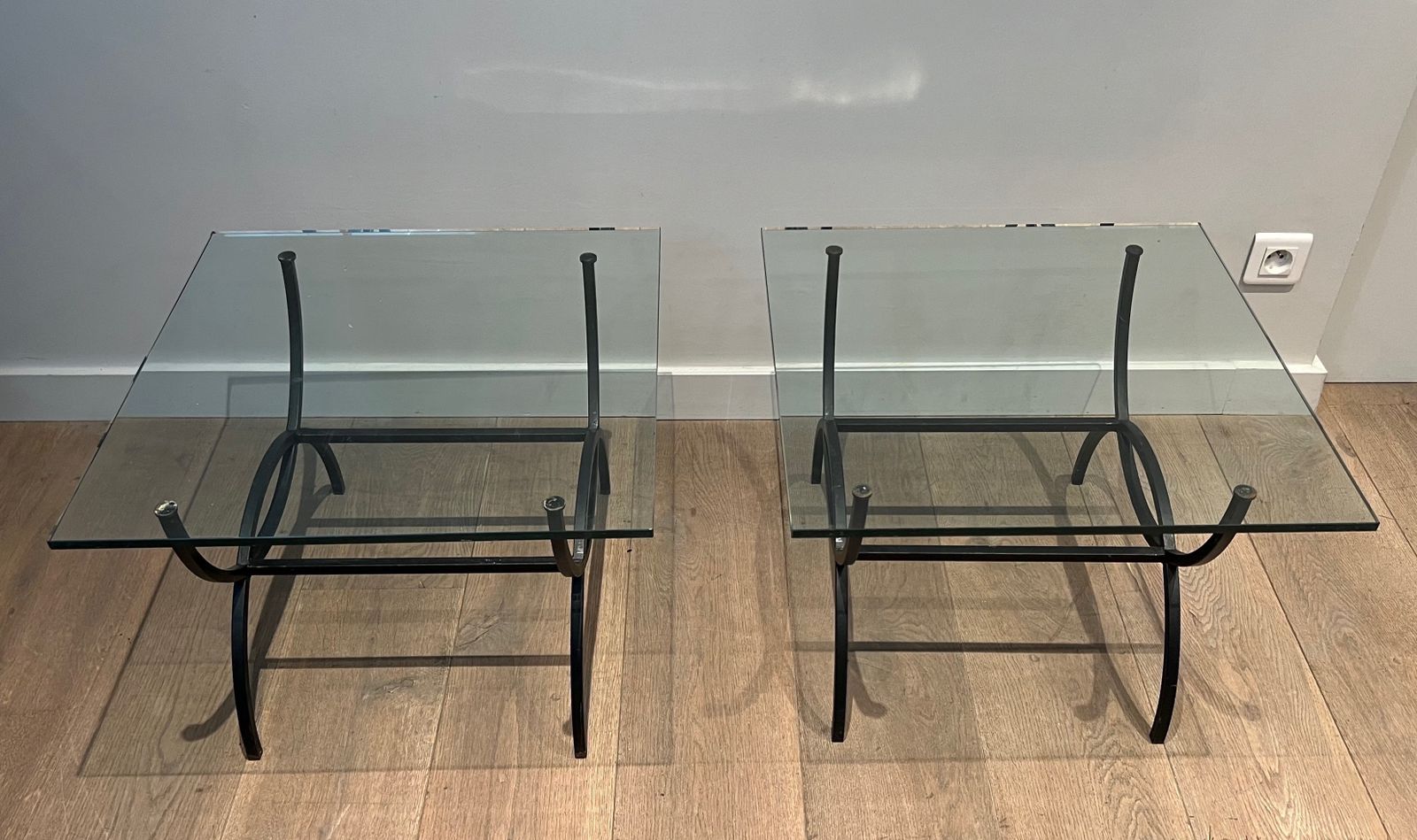 photo vintage Pair Of Sofa Ends In Black Lacquered Metal. French Work. Around 1950