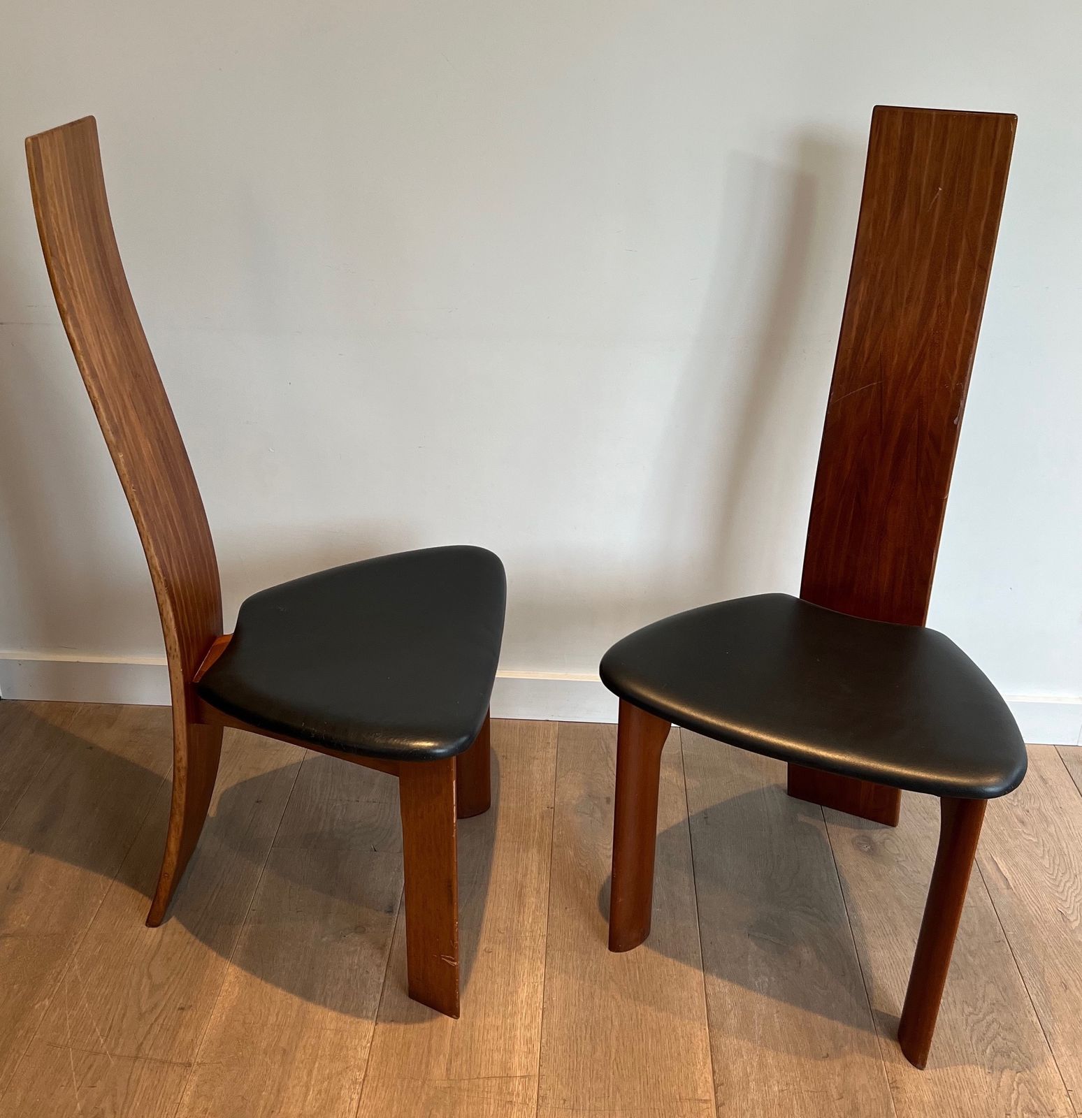 Pair Of Chairs In Exotic Wood And Leather. Scandinavian Work. Around 1970 photo furniture