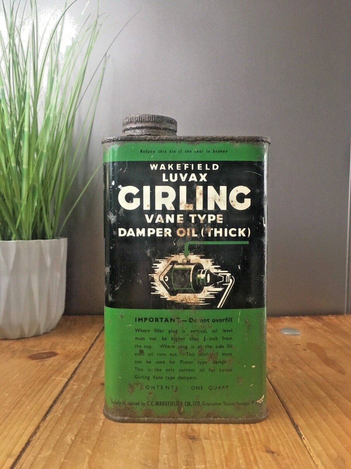 Vintage 50's Wakefield Luvax Girling Damper Vane Oil Can Tin Prop Garage Display photo furniture