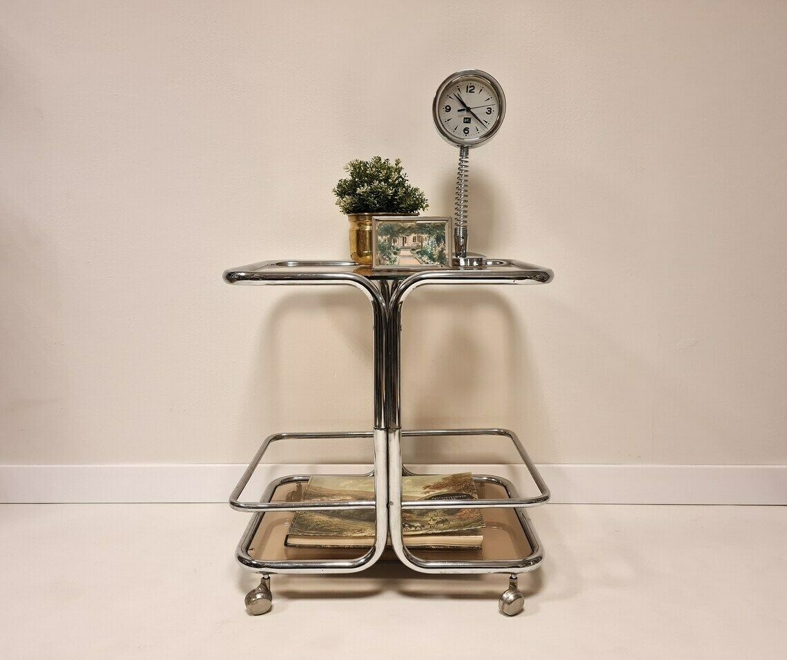 Vintage Hollywood Regency Chrom Big Trolley Table With Smoky Glass. Mid Century Wheels Bar Cart photo for sale