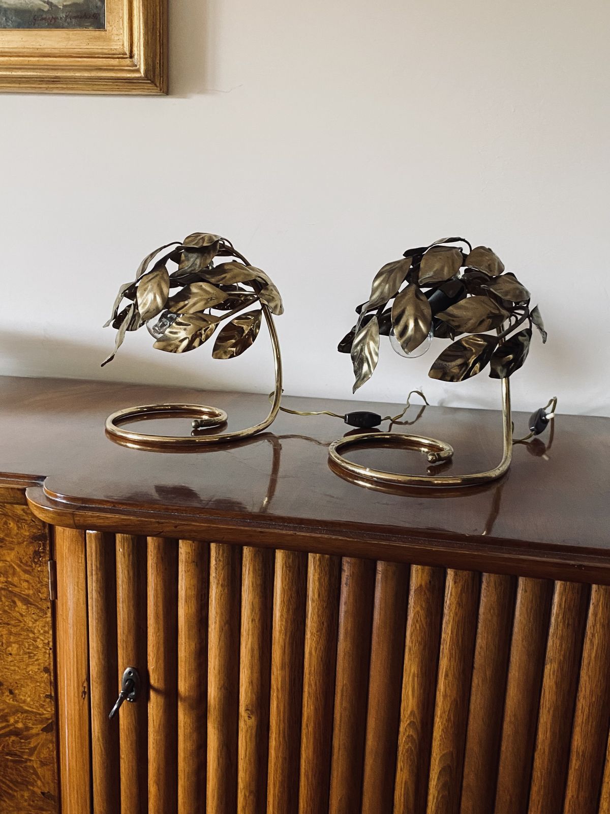 photo for sale Hollywood Regency Set Of 2 Brass Leaves Table Lamps, Bottega Gadda Italy, 1970s