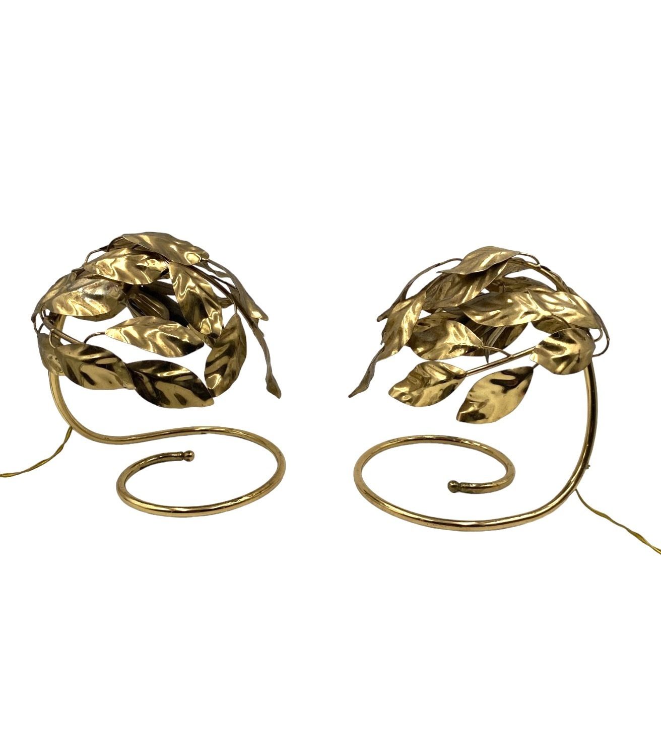 photo buy Hollywood Regency Set Of 2 Brass Leaves Table Lamps, Bottega Gadda Italy, 1970s