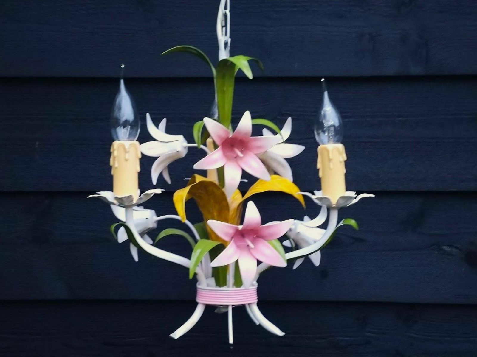 French Tole Chandelier Pink Lilies With Green Leaves 3 Arms, French Brocante Flower Chandelier, Nursery Or Girl Room Chandelier