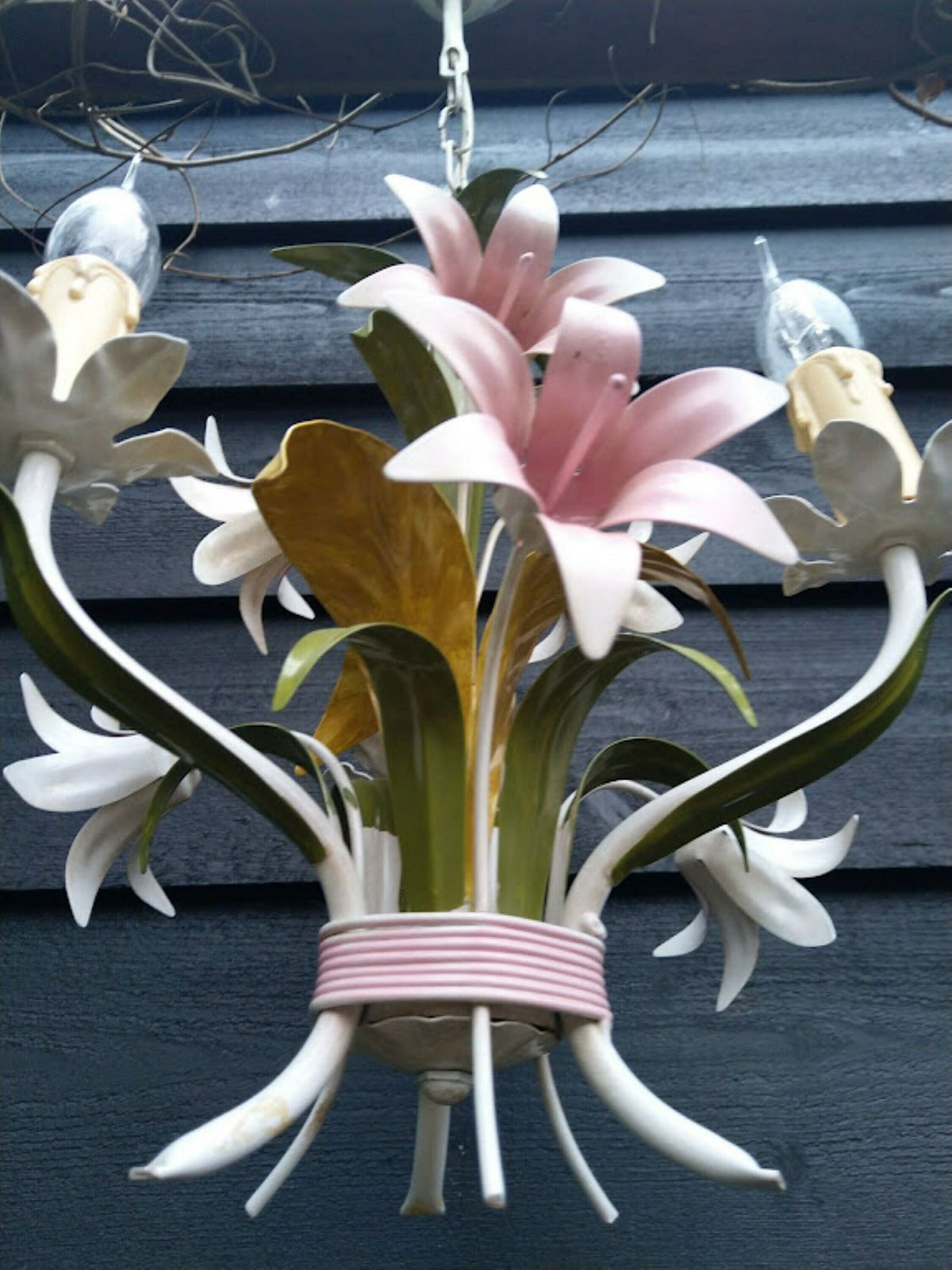 French Tole Chandelier Pink Lilies With Green Leaves 3 Arms, French Brocante Flower Chandelier, Nursery Or Girl Room Chandelier photo buy