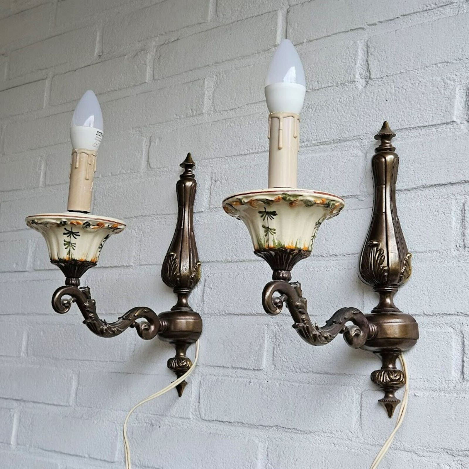 Pair Farmhouse Wall Light Sconces Brass And Hand Painted Ceramic, With Cream Lampshades, Cord And Plug, Cottage Core Sconces Set Of 2 photo furniture