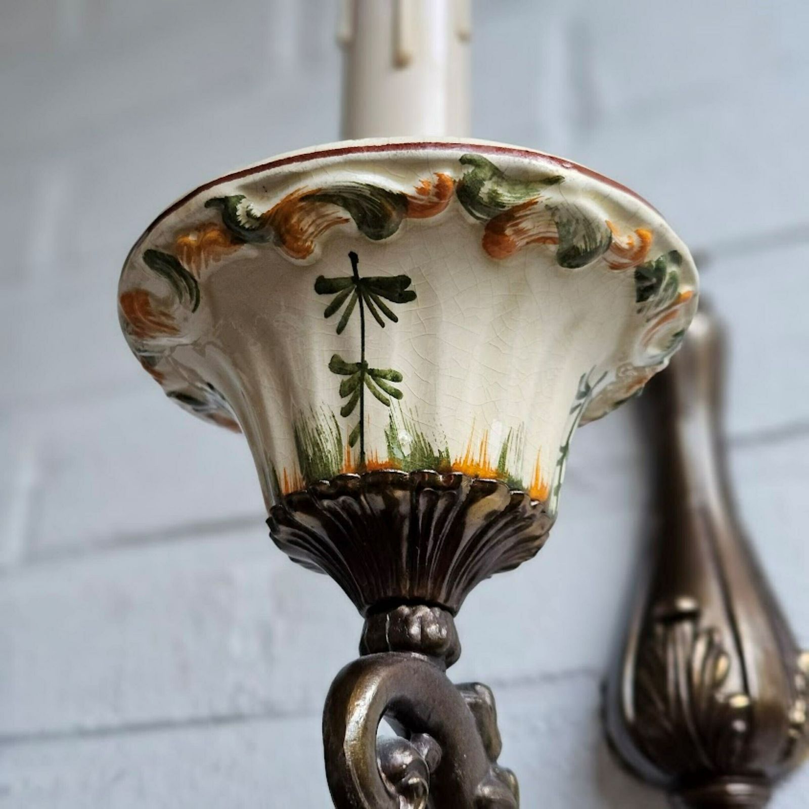Pair Farmhouse Wall Light Sconces Brass And Hand Painted Ceramic, With Cream Lampshades, Cord And Plug, Cottage Core Sconces Set Of 2 photo Lighting