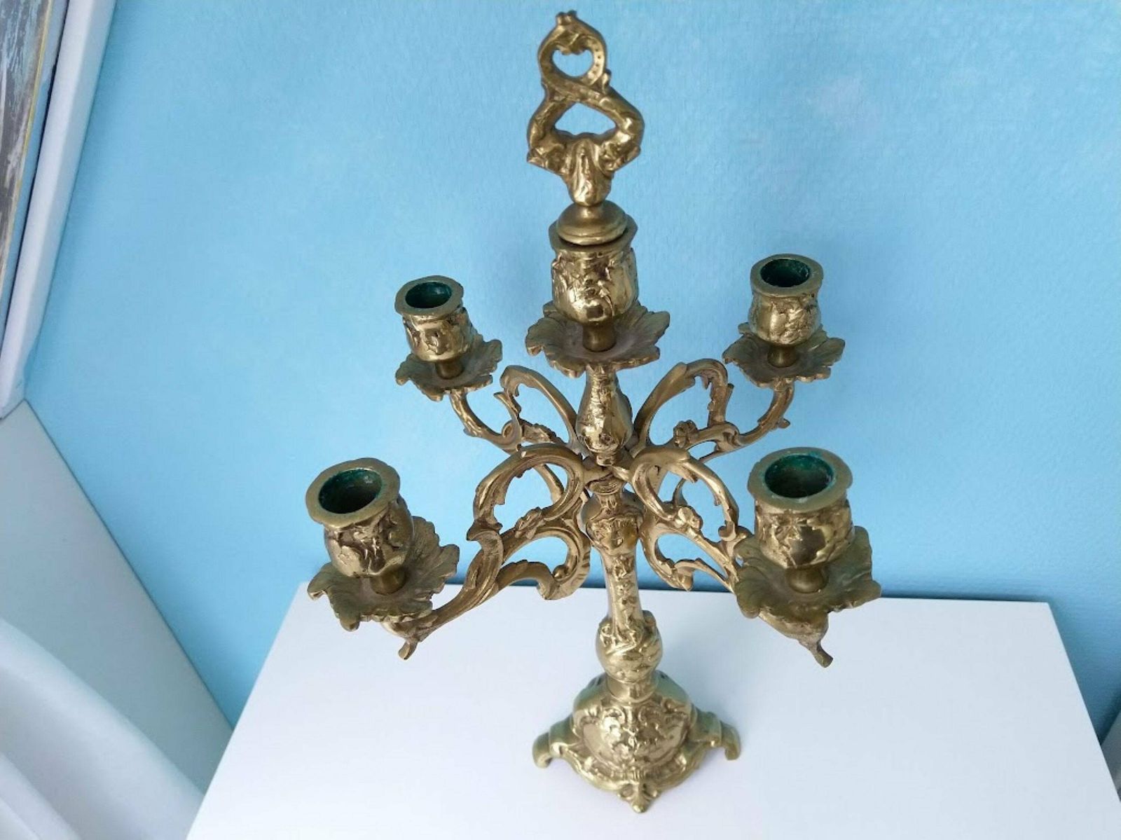 Baroque Gilded Bronze Candelabra With Snuffer 5 Candles Centerpiece, Fireplace Gold Candelabra Christmas, Wedding Candle Holder photo Home Decor