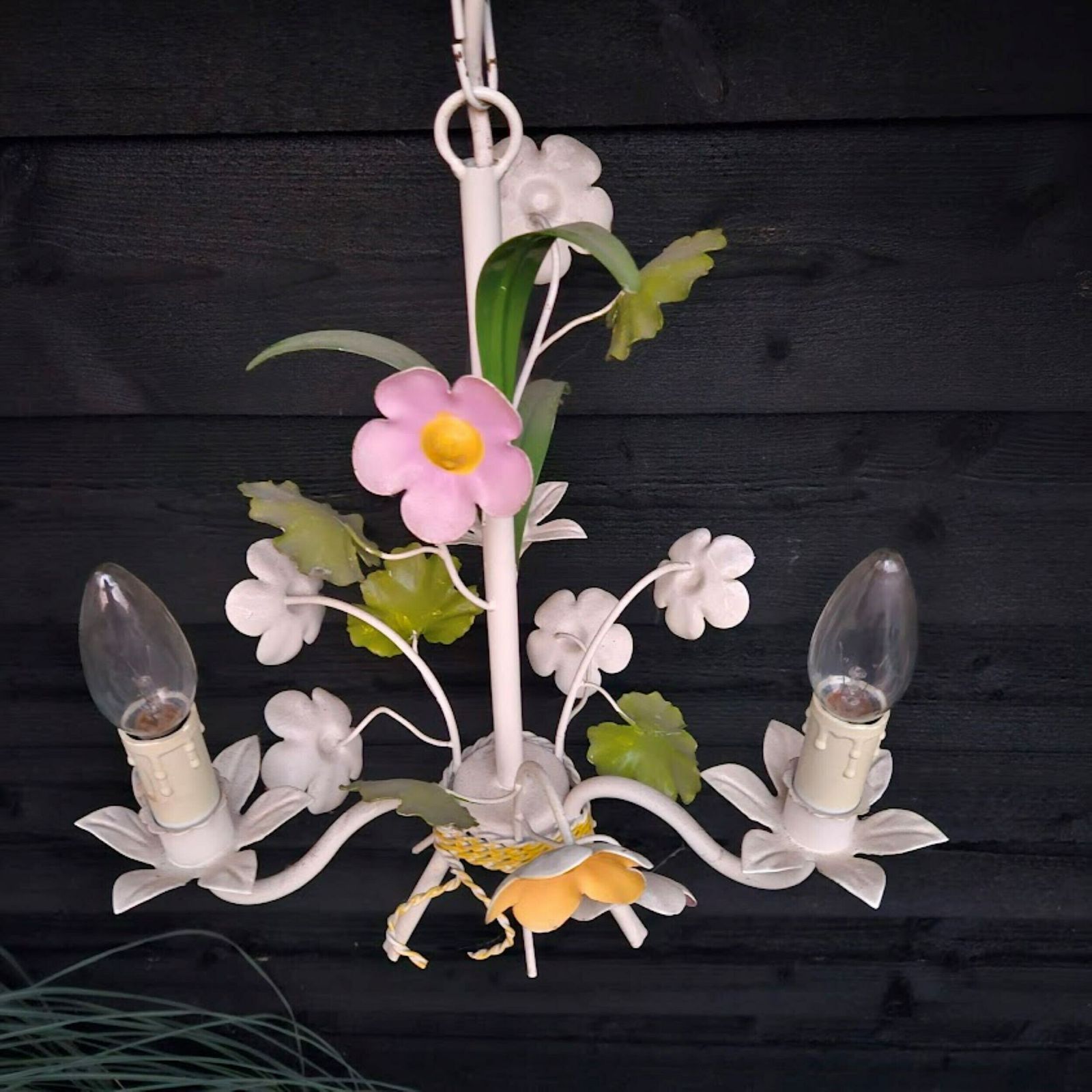 French Tole Chandelier Flowers Pink And Yellow With Green Leaves 3 Arms, Girl Room Chandelier, Nursery Chandelier photo vinterior