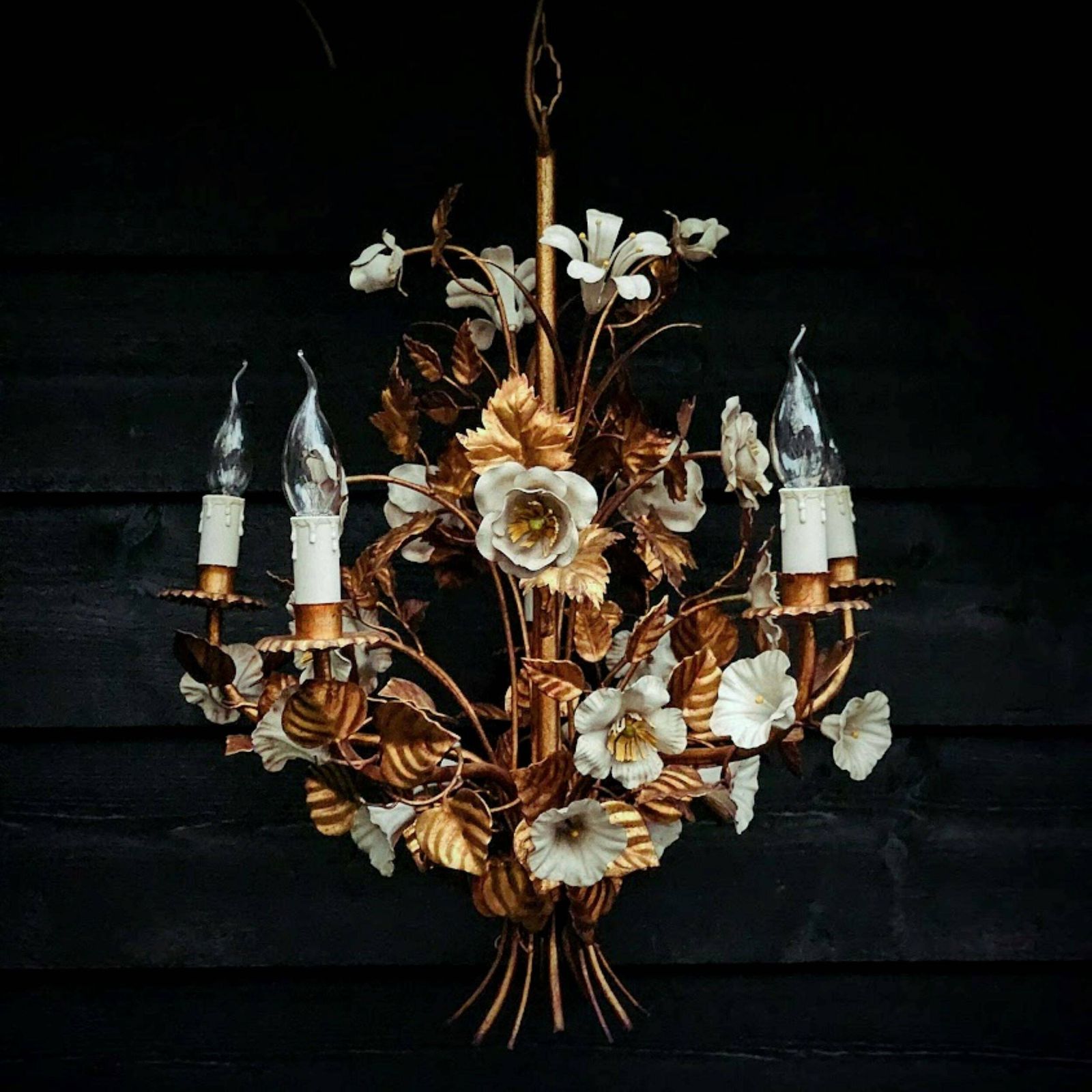 Italian Tole Flower Chandelier Copper Gold And White 5 Arms, Hollywood Regency Chandelier, Mid Century Chandelier photo for sale