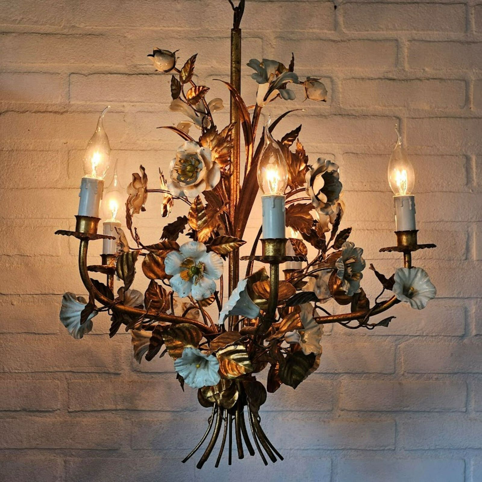 photo for sale Italian Tole Flower Chandelier Copper Gold And White 5 Arms, Hollywood Regency Chandelier, Mid Century Chandelier